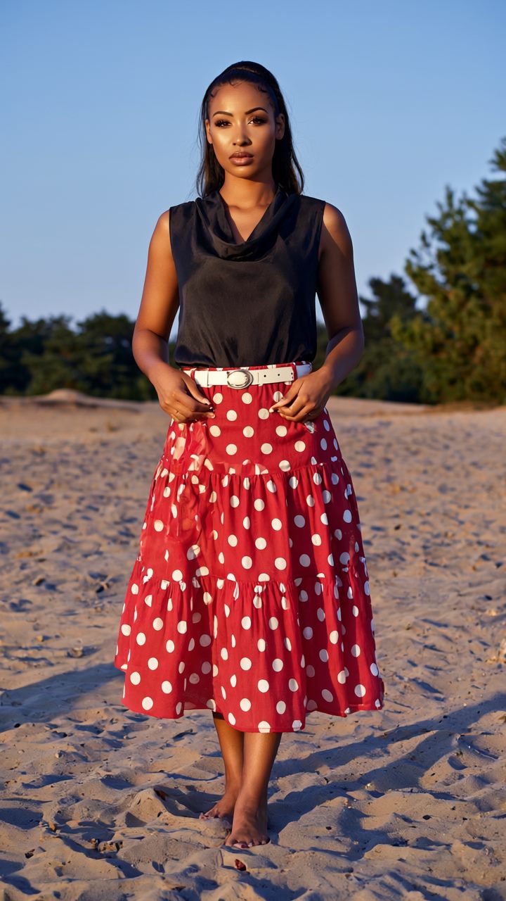 A woman wearing the black cowl-neck top and red polka-dot tiered skirt, standing outdoors at sunset.